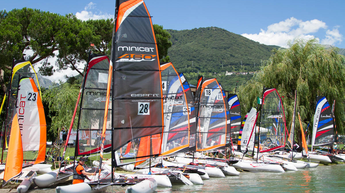 MiniCat inflatable sailboat sailing freely on coastal waters in Spain or Portugal