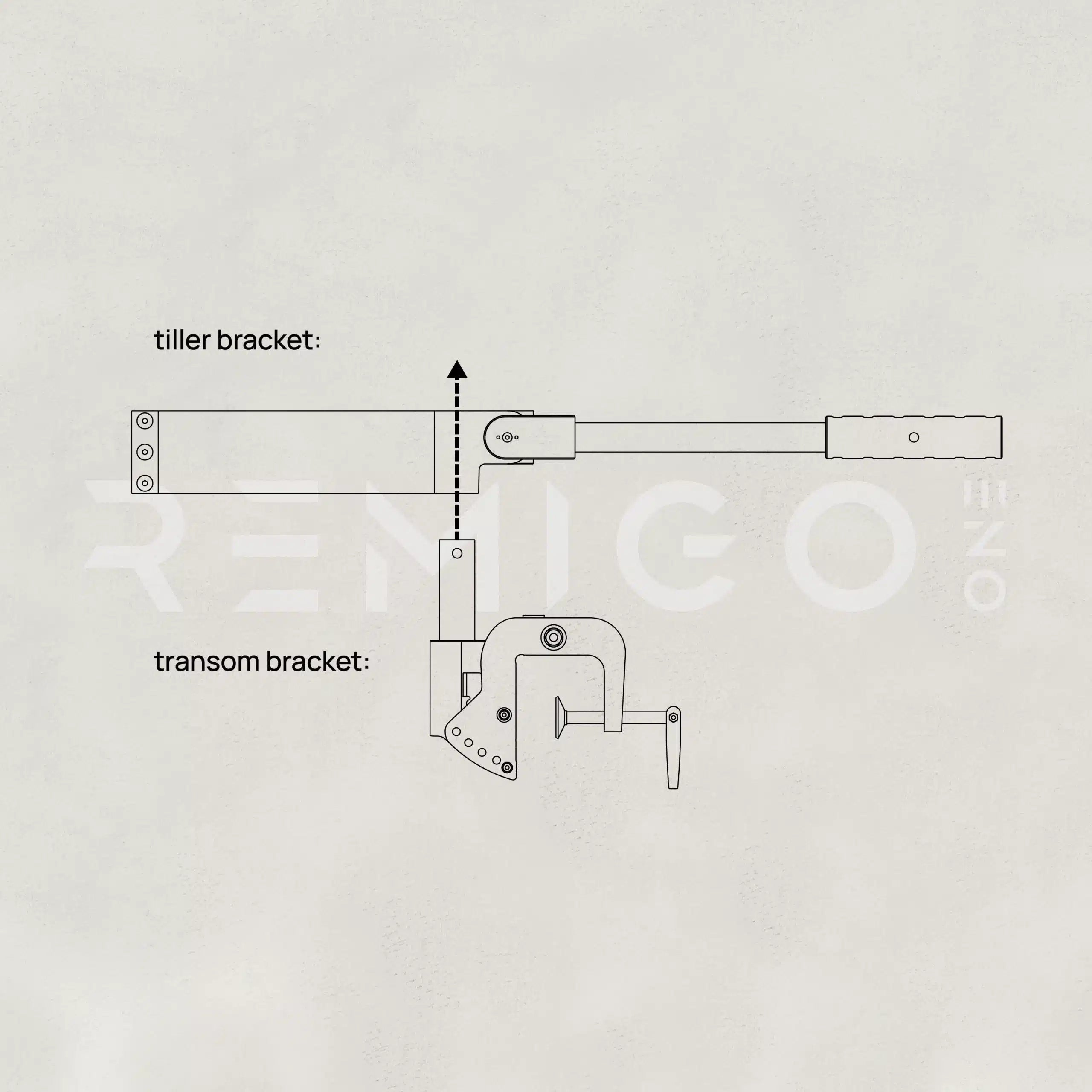 Technical diagram of a tiller bracket and transom bracket on a light gray background.
