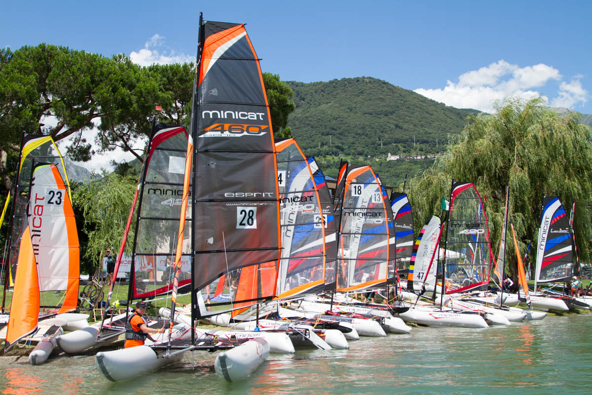 MiniCat inflatable sailboat sailing freely on coastal waters in Spain or Portugal