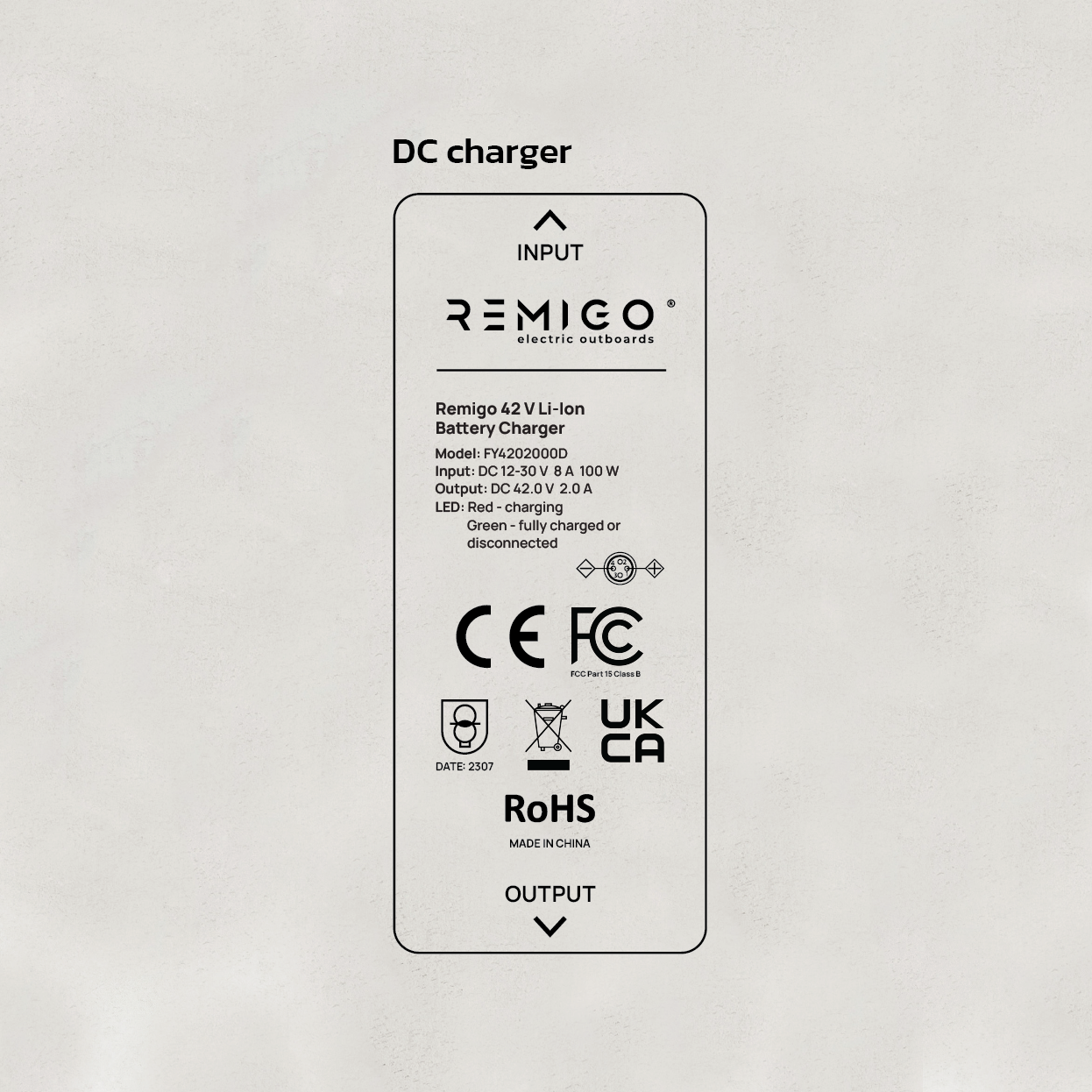 Remigo DC charger with certification logos on a light gray background