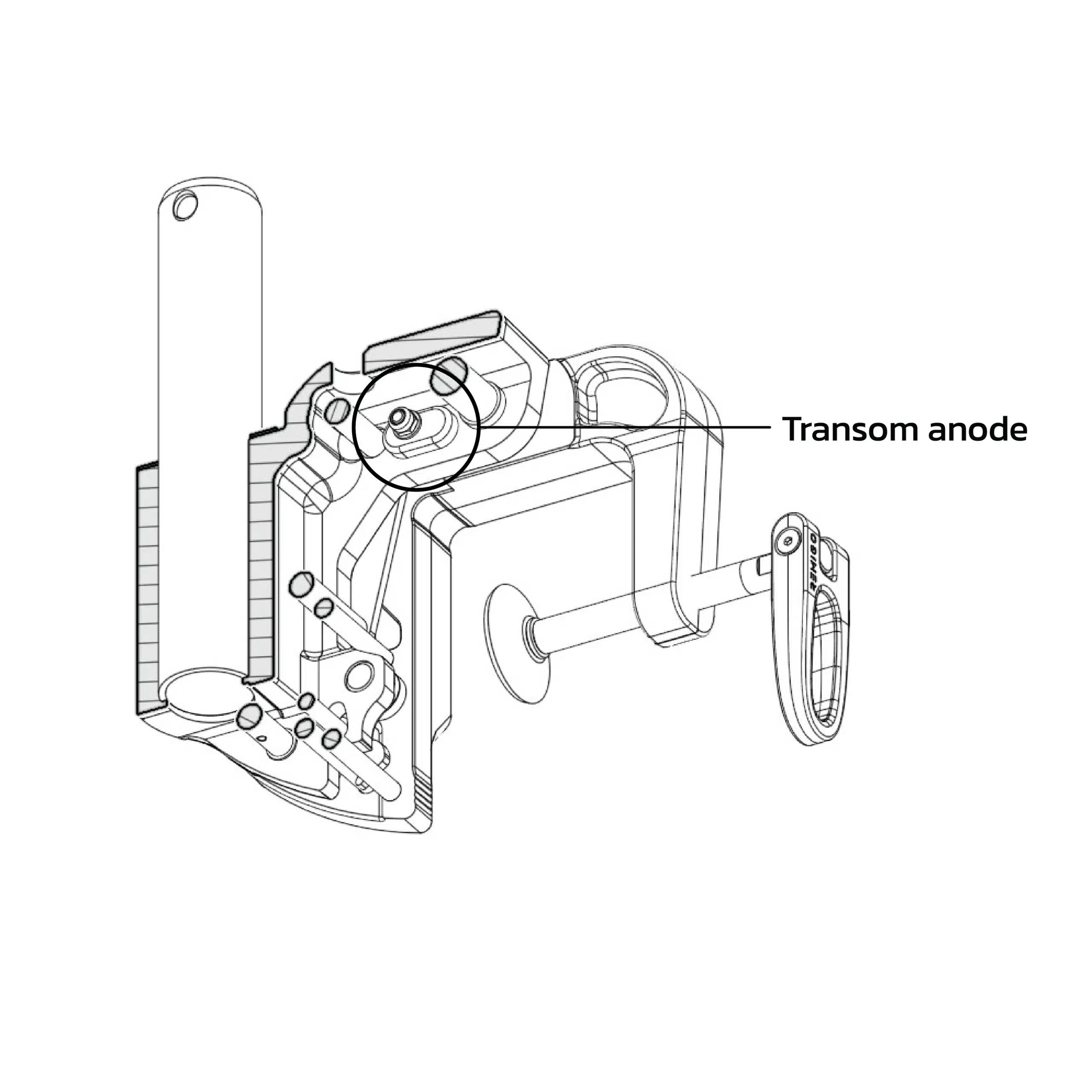 Technical drawing of a transom anode with labeled parts on a white background