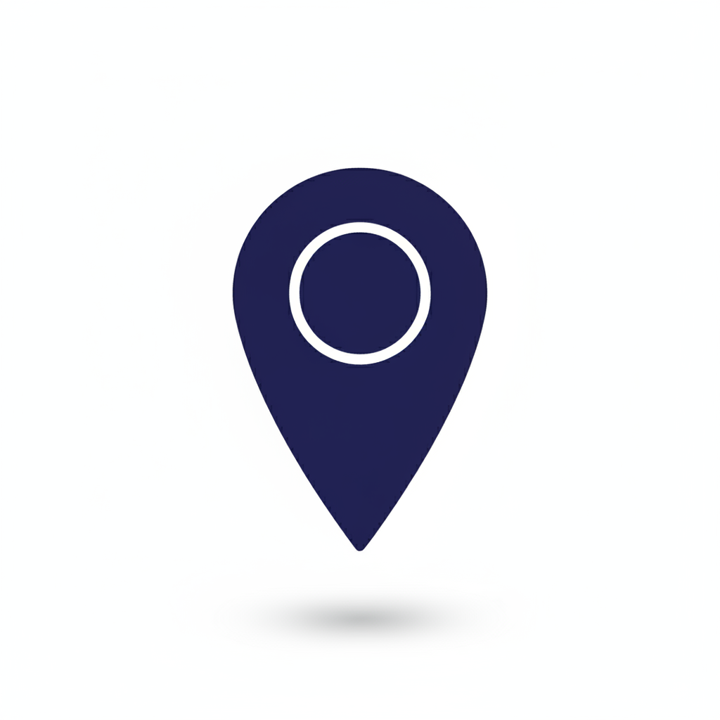 Navy blue location icon with a white circle on a white background