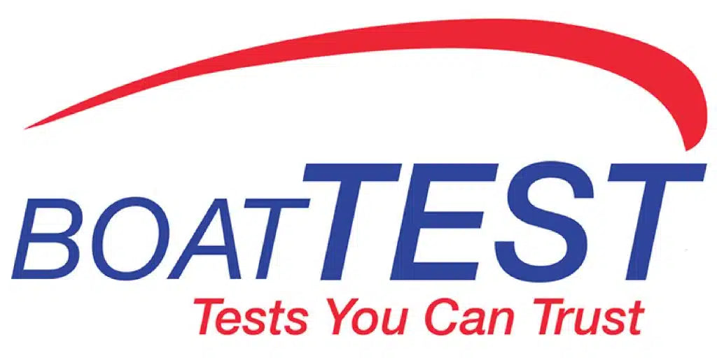 Logo of BOATTEST with a red and blue design on a white background