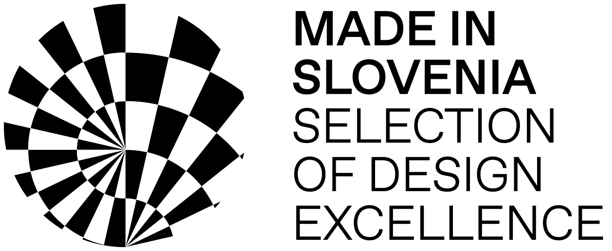 Logo with black and white geometric design and text 'Made in Slovenia Selection of Design Excellence' on a white background.