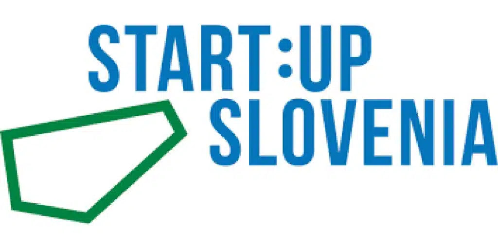 Logo of Startup Slovenia with blue text and a green arrow-like shape on a white background