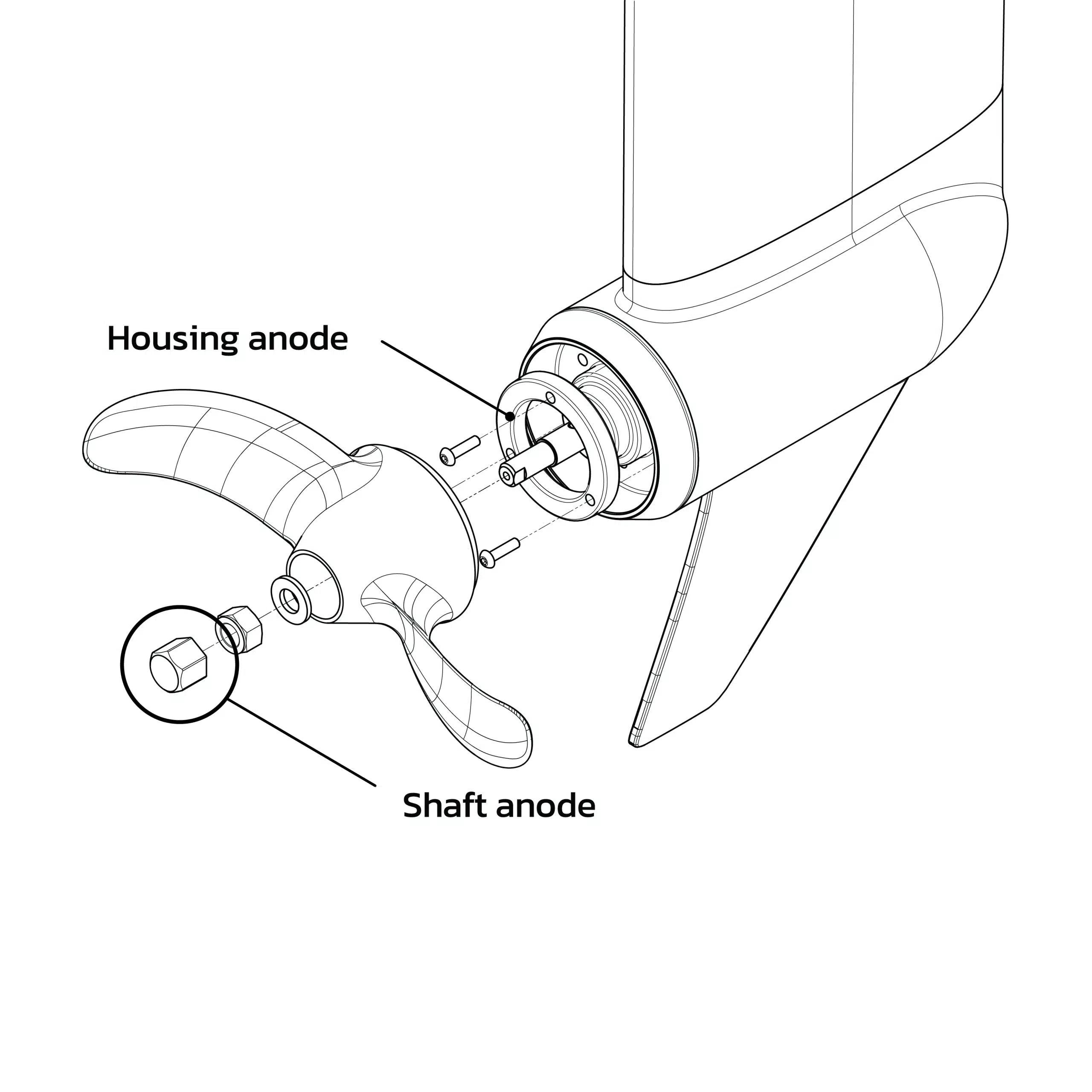 Technical diagram showing 'Housing anode' and 'Shaft anode' components.