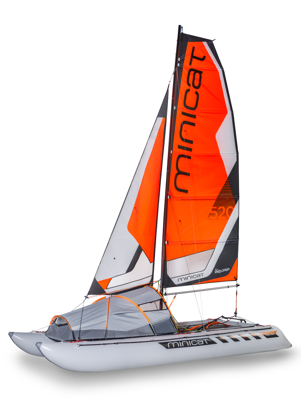Minicat sailboat with orange and gray sail on a white background