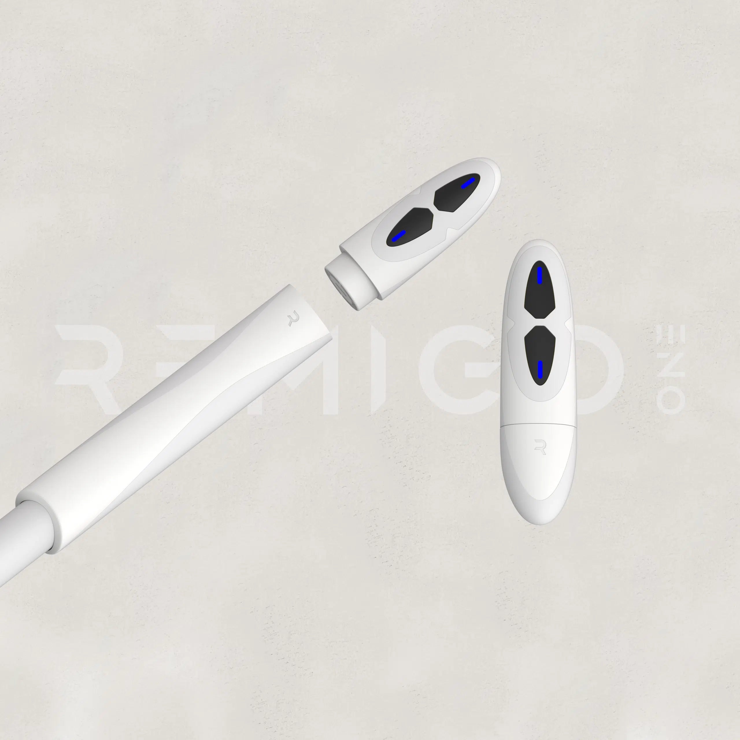 White electronic device with blue lights on a light gray background