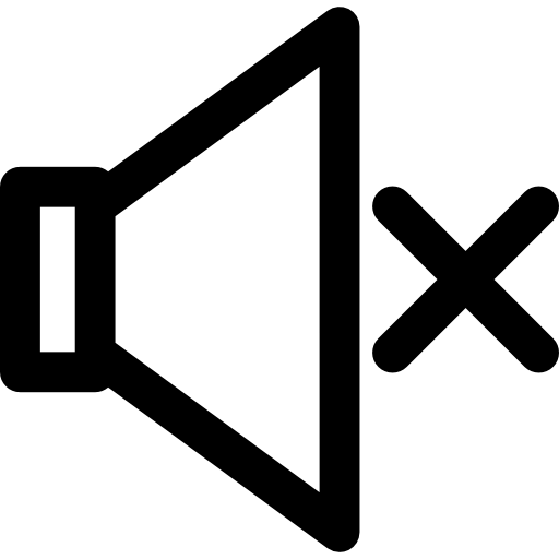 Black icon of a speaker with a cross through it on a white background