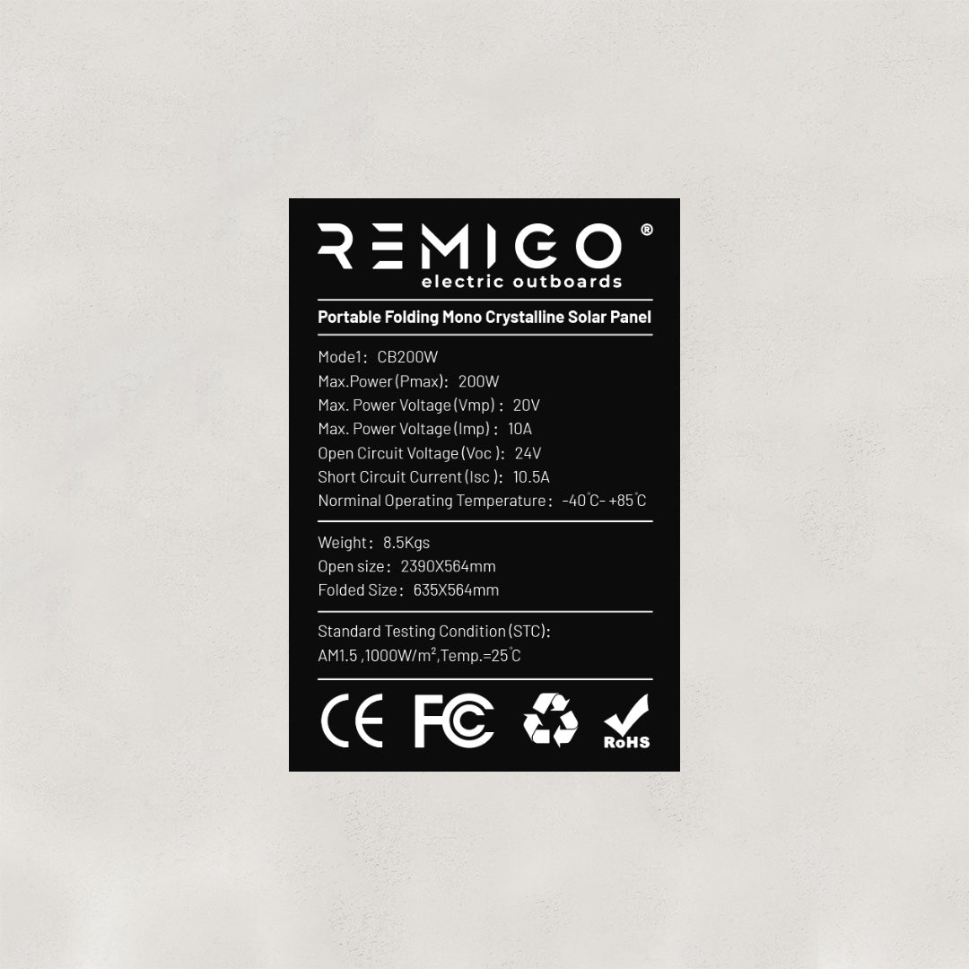 Black label with REMIGO branding and product specifications on a light gray background