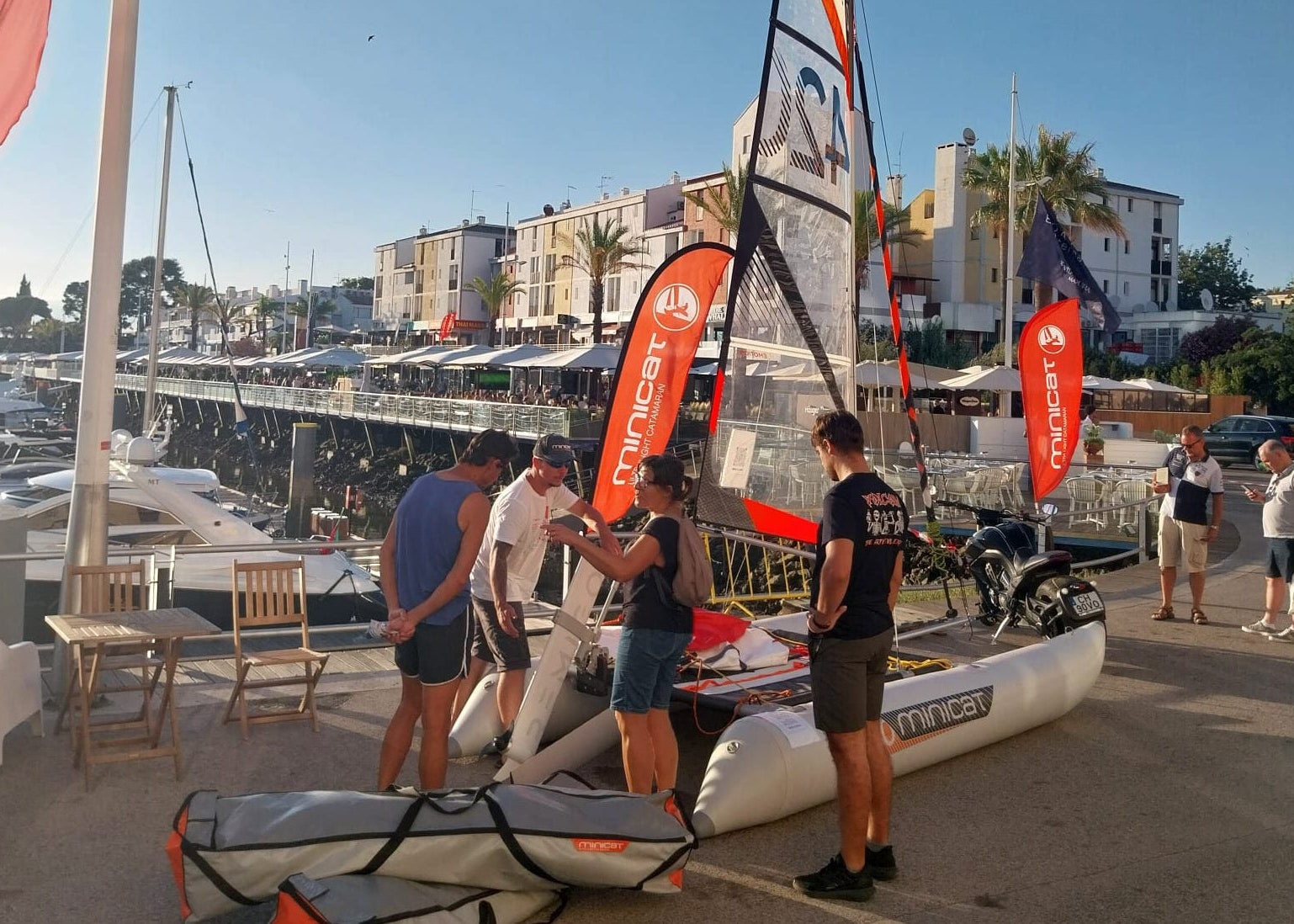 People interacting with sailboats at a marina on a sunny day.